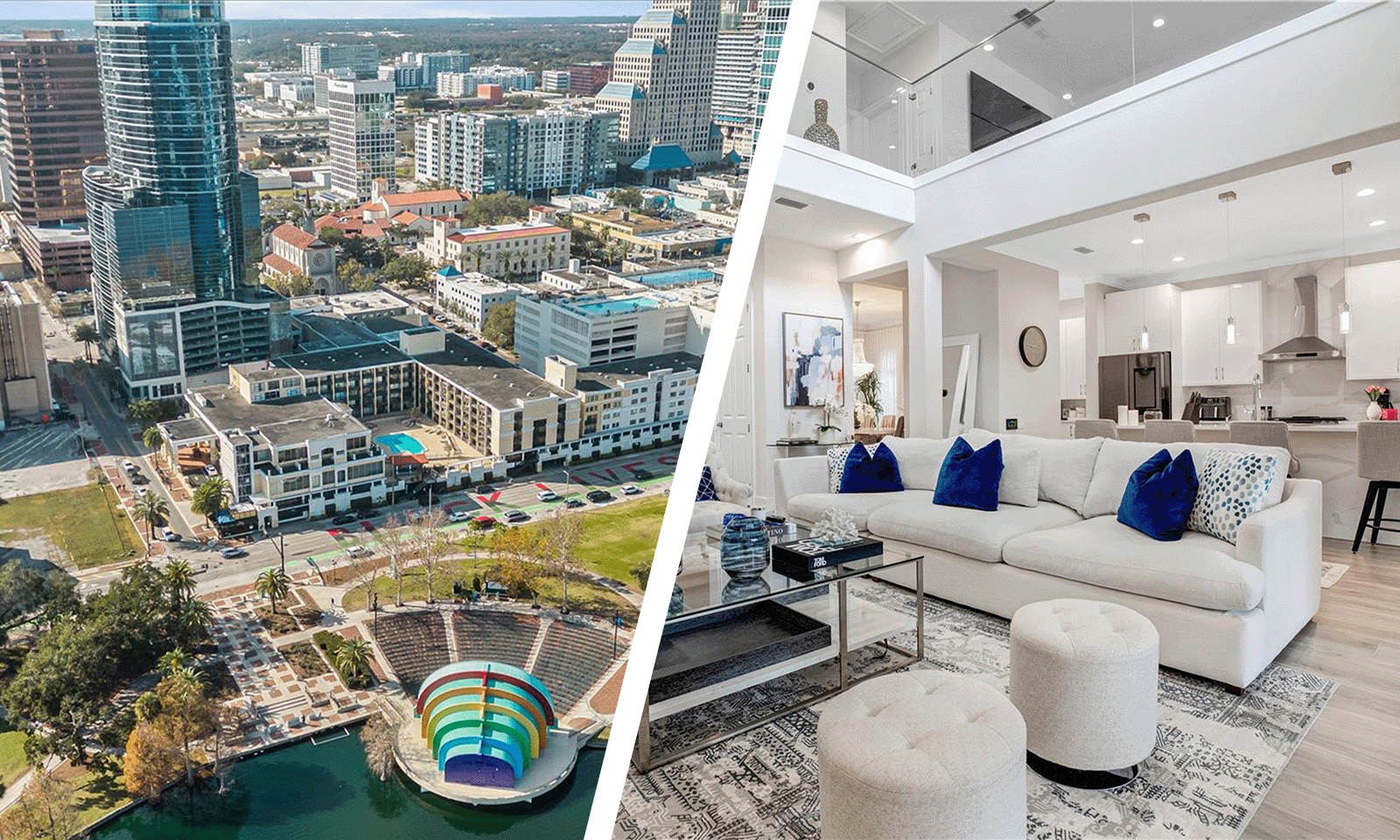 two images with downtown orlando and luxury living room